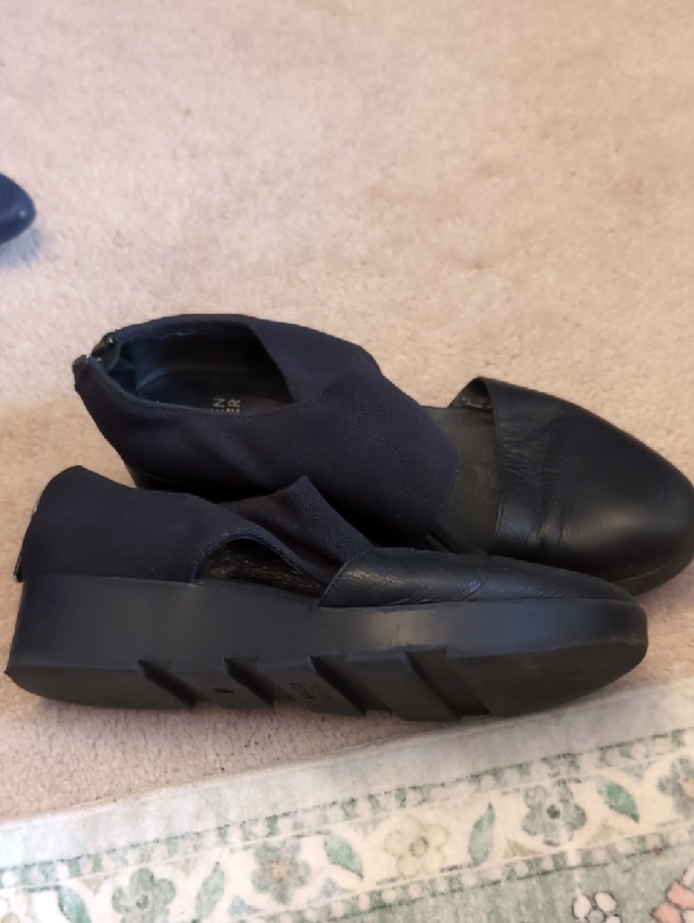 Eileen Fisher Black Leather and Fabric Pointed Toe Flats with Ankle Wrap - Picture 2 of 5